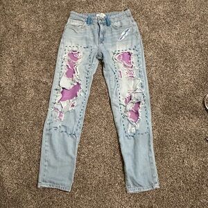 Redhawk Designs Hand Crafted Blue Jeans -Lavender suede, patches/Deerskin sz 27